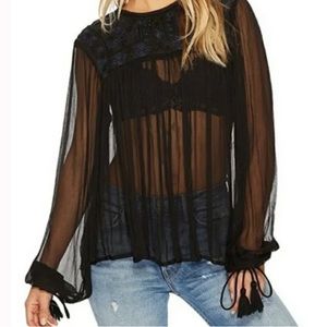 NEW Free People Black Sheer Embroid Beaded Crew Neck Tassel Sleeve Blouse Medium
